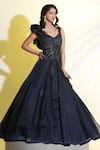 Shop_MeenaGurnam_Blue Net Organza Hand Embroidered Cutdana Sweetheart Draped Ball Gown _at_Aza_Fashions