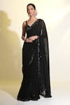 Buy_MeenaGurnam_Black Blouse Net Hand Embellished Sequin V Neck Floral Saree With _at_Aza_Fashions