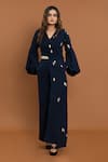 Aurouss_Blue Banana Crepe Embellished Stone Lapel Collar Overlap Panel Jumpsuit _Online_at_Aza_Fashions