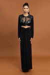 Buy_Aurouss_Black Jersey, Rayon Round Neck Plain Sheer Panel Top With Draped Skirt _Online_at_Aza_Fashions