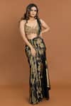 Buy_Aurouss_Black Velvet Satin Foil Print Pre-draped Saree With Leaf Blouse _at_Aza_Fashions