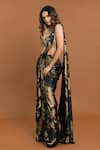 Aurouss_Black Velvet Satin Foil Print Pre-draped Saree With Leaf Blouse _Online_at_Aza_Fashions