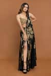 Buy_Aurouss_Black Velvet Satin Foil Print Pre-draped Saree With Leaf Blouse _Online_at_Aza_Fashions