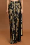 Aurouss_Black Velvet Satin Foil Print Pre-draped Saree With Leaf Blouse _at_Aza_Fashions