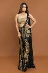 Buy_Aurouss_Black Velvet Satin Foil Print Pre-draped Saree With Sequin Blouse _at_Aza_Fashions