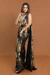Aurouss_Black Velvet Satin Foil Print Pre-draped Saree With Sequin Blouse _Online_at_Aza_Fashions