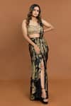 Buy_Aurouss_Black Velvet Satin Foil Print Pre-draped Saree With Sequin Blouse _Online_at_Aza_Fashions