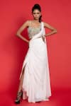 Buy_Aurouss_Ivory Crickled Shimmer Chiffon Embroidered Pearls Pre-draped Saree And Blouse _at_Aza_Fashions