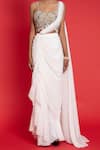 Aurouss_Ivory Crickled Shimmer Chiffon Embroidered Pearls Pre-draped Saree And Blouse _at_Aza_Fashions