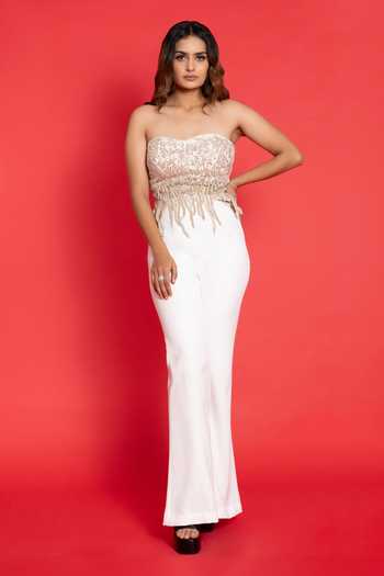 Aurouss_Ivory Tulle, Crepe Sequins Sweetheart Neck Embellished Corset And Pant Set _Online_at_Aza_Fashions
