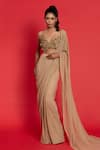 Aurouss_Gold Mesh Net Hand Embroidery Leaves Sweetheart Pre-draped Saree With Blouse _Online_at_Aza_Fashions