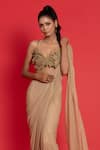 Shop_Aurouss_Gold Mesh Net Hand Embroidery Leaves Sweetheart Pre-draped Saree With Blouse _Online_at_Aza_Fashions