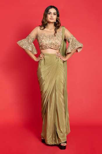 Buy_Aurouss_Green Tulle, Crepe Sequins, Pre-draped Saree With Floral Embroidered Blouse _at_Aza_Fashions