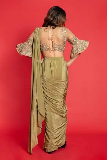 Shop_Aurouss_Green Tulle, Crepe Sequins, Pre-draped Saree With Floral Embroidered Blouse _at_Aza_Fashions