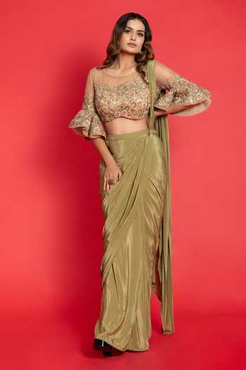Buy_Aurouss_Green Tulle, Crepe Sequins, Pre-draped Saree With Floral Embroidered Blouse _Online_at_Aza_Fashions