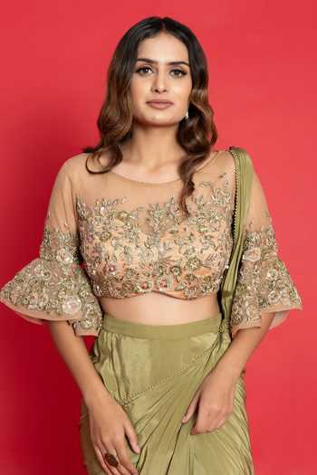Shop_Aurouss_Green Tulle, Crepe Sequins, Pre-draped Saree With Floral Embroidered Blouse _Online_at_Aza_Fashions