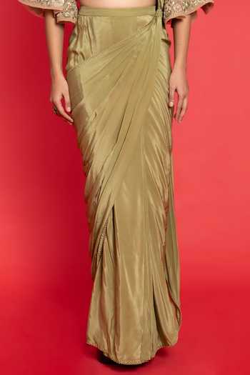 Aurouss_Green Tulle, Crepe Sequins, Pre-draped Saree With Floral Embroidered Blouse _at_Aza_Fashions