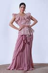 Buy_Aurouss_Pink Crape Embroidery Thread V Neck Prisha Sequin Ambrosia Saree Gown _at_Aza_Fashions