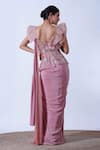 Shop_Aurouss_Pink Crape Embroidery Thread V Neck Prisha Sequin Ambrosia Saree Gown _at_Aza_Fashions