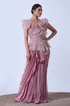 Aurouss_Pink Crape Embroidery Thread V Neck Prisha Sequin Ambrosia Saree Gown _Online_at_Aza_Fashions