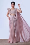 Buy_Aurouss_Peach Sandwash Vanya Ivy Crystal Bloom Embellished Draped Saree Gown _at_Aza_Fashions