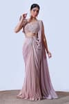 Aurouss_Peach Sandwash Vanya Ivy Crystal Bloom Embellished Draped Saree Gown _Online_at_Aza_Fashions