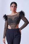 Buy_Aurouss_Black Tulle Piya Cutdana Fleur Jaal Bodysuit With Bootcut Pant _Online_at_Aza_Fashions