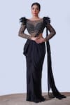 Buy_Aurouss_Black Georgette Embroidery Feathers Round Cutdana Bodysuit And Saree _at_Aza_Fashions