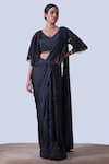 Buy_Aurouss_Black Silk Satin Myra Helix Embellished Cape Pre-draped Saree Set _at_Aza_Fashions