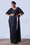 Aurouss_Black Silk Satin Myra Helix Embellished Cape Pre-draped Saree Set _Online_at_Aza_Fashions