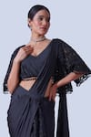 Shop_Aurouss_Black Silk Satin Myra Helix Embellished Cape Pre-draped Saree Set  _Online_at_Aza_Fashions