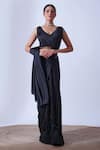 Buy_Aurouss_Black Satin Silk Embroidery Myra Helix Embellished Pre-draped Saree Set _at_Aza_Fashions