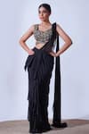 Buy_Aurouss_Black Georgette Sequin Musk Bloom Embellished Blouse With Pre-draped Saree _at_Aza_Fashions