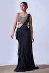 Aurouss_Black Sequin Musk Bloom Embellished Blouse With Pre-draped Saree _Online_at_Aza_Fashions