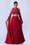 Buy_Aurouss_Maroon Georgette Embroidery Beads Halter Neck Ananya Pleated Tiered Lehenga Set _at_Aza_Fashions