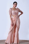 Buy_Aurouss_Peach Crape Embroidery Vedika Embellished Border Palazzo Saree Set _at_Aza_Fashions