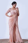 Shop_Aurouss_Peach Crape Embroidery Vedika Embellished Border Palazzo Saree Set _Online_at_Aza_Fashions