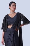 Aurouss_Black Tulle Embroidery Crystals Open Helix Embellished Cutwork Cape _Online_at_Aza_Fashions