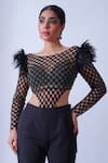 Shop_Aurouss_Black Tulle Embroidery Feathers Sequin And Cutdana Blossom Jaal Bodysuit _Online_at_Aza_Fashions