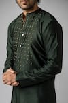 Shop_Bihart_Green Cotton, Silk Embroidery Threadwork Placket Kurta _at_Aza_Fashions