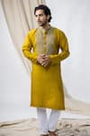 Buy_Bihart_Yellow Cotton, Silk Embroidery Sujani Threadwork Placket Kurta _at_Aza_Fashions