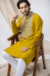 Bihart_Yellow Cotton, Silk Embroidery Sujani Threadwork Placket Kurta _Online_at_Aza_Fashions