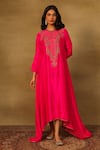 Buy_Neha Poddar_Pink Dupion Silk Embroidery Dabka Round Neck Paisley Asymmetric Tunic _at_Aza_Fashions