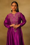 Neha Poddar_Purple Dupion Silk Embroidery Dabka Round Neck Paisley Tunic _Online_at_Aza_Fashions