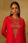 Shop_Neha Poddar_Red Organza Embroidery Dabka Round Neck Floral Kurta Flared Pant Set _Online_at_Aza_Fashions