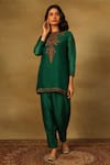 Neha Poddar_Green Kurta And Dupatta Organza Embroidery Dabka Round Flower Pleated Pant Set _Online_at_Aza_Fashions