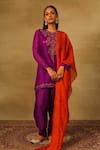 Buy_Neha Poddar_Purple Kurta And Dupatta Organza Embroidery Dabka Round Neck Pleated Pant Set _at_Aza_Fashions