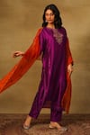 Neha Poddar_Purple Kurta Dupion Silk Embroidery Dabka Notched Round Neck Yoke Pant Set _Online_at_Aza_Fashions