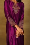 Buy_Neha Poddar_Purple Kurta Dupion Silk Embroidery Dabka Notched Round Neck Yoke Pant Set _Online_at_Aza_Fashions