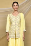 Shop_Khwaab by Sanjana Lakhani_Yellow Kurta And Palazzo Silk Embroidered Thread V Neck Sequins Set _Online_at_Aza_Fashions